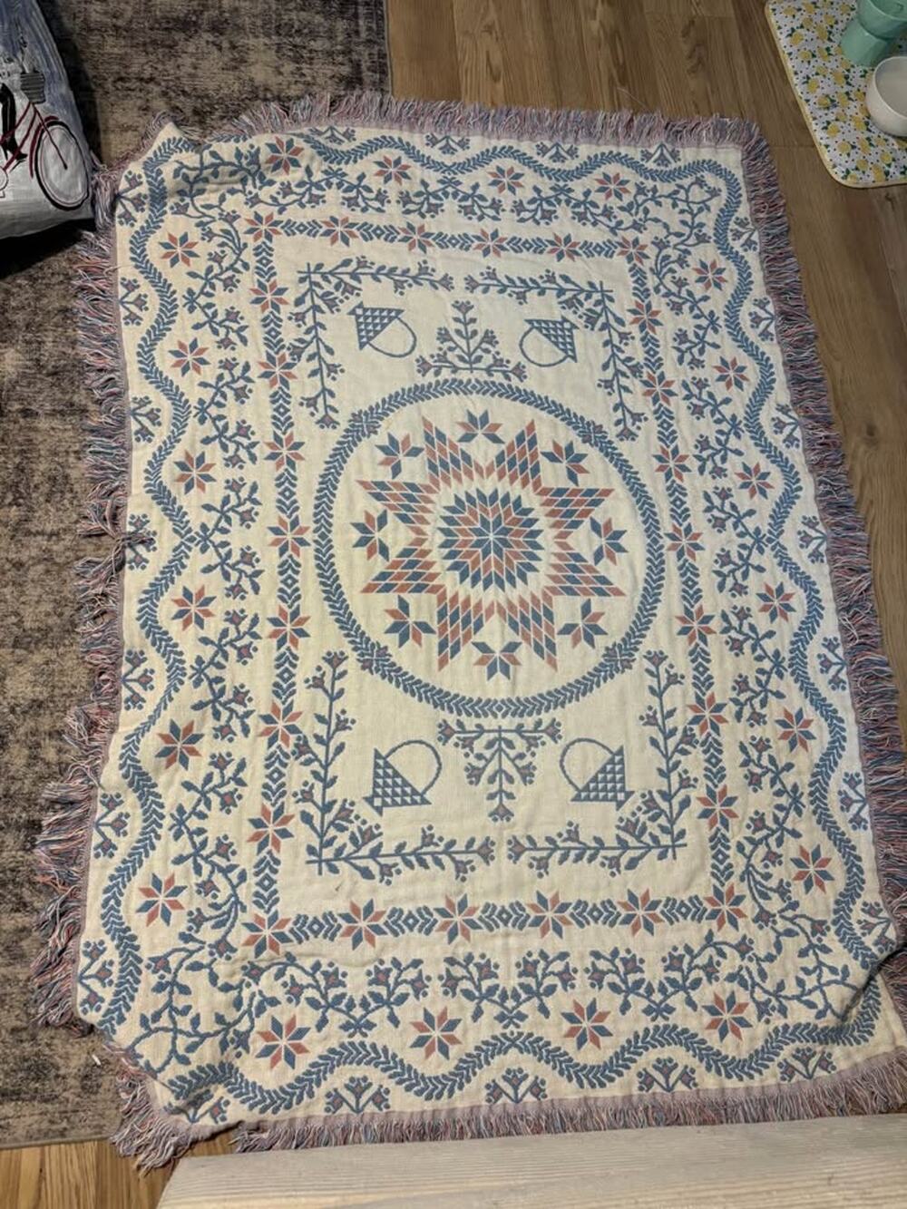 Vintage 90s Butter Mom Fringe Quilt Style Throw Blanket
